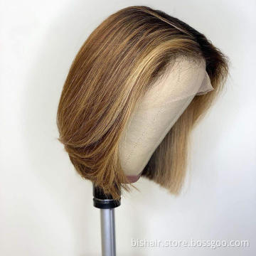 Glue-free highlight short Bob wig Brazilian straight hair 4/27 Gradient brown honey blond hair Lace front real human hair wig